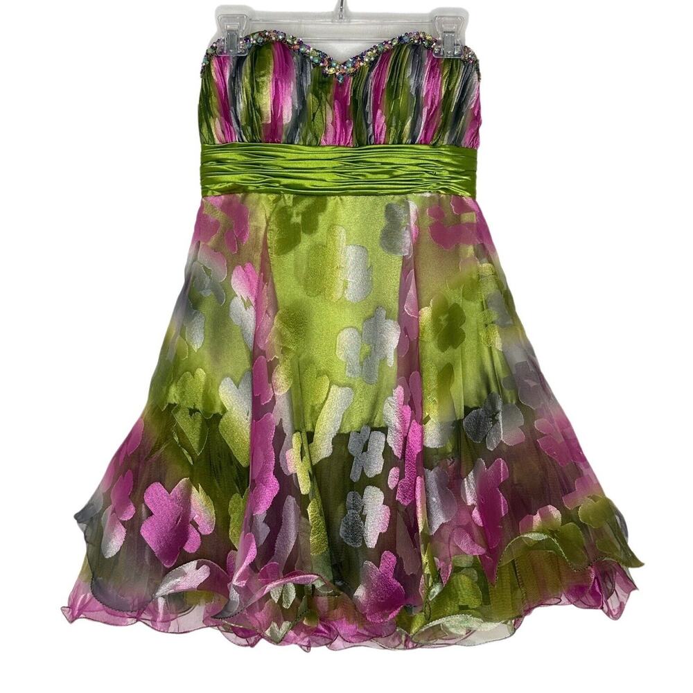 NEW JASZ COUTURE Strapless Floral Green Purple Beaded Empire Short Dress Size 10